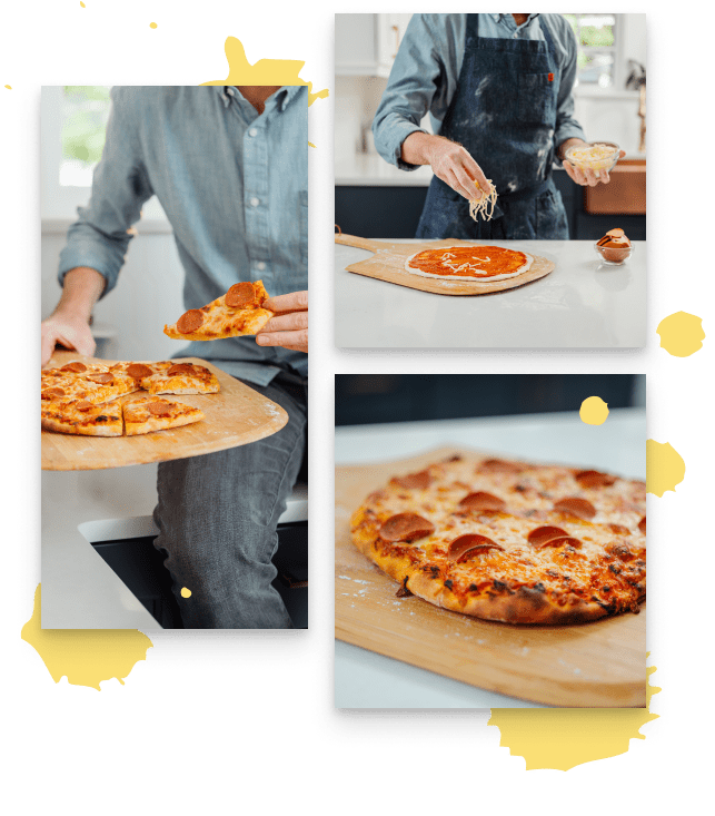 Greg Gall is in a kitchen making a pizza in this three photo series.