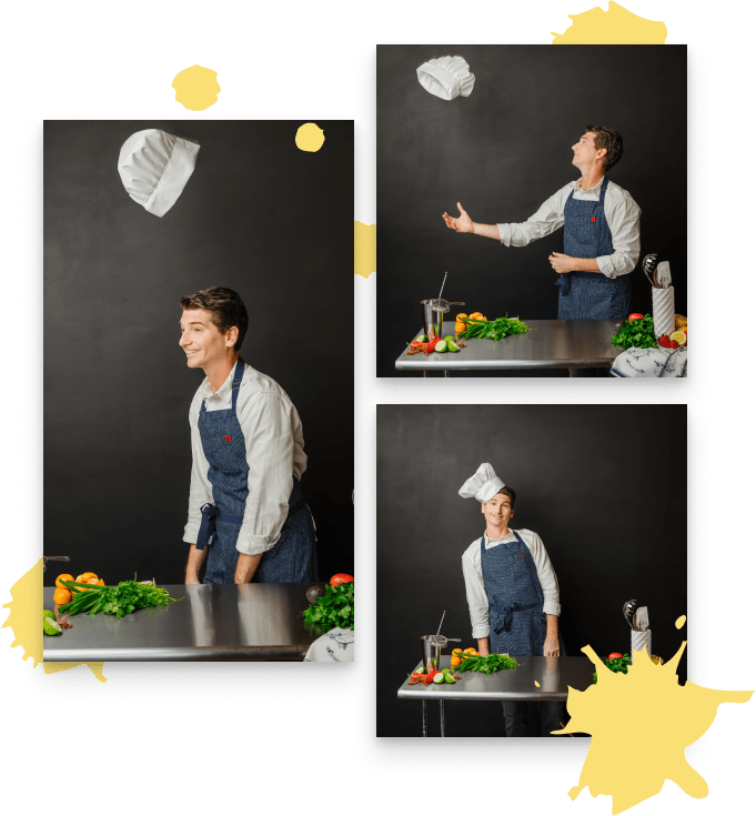 A series of three photos shows Greg Gall trying to toss his chef hat into the air and catch it on his head.